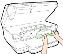b. If there is paper remaining inside the printer, ensure the carriage has moved to the right of the printer, free any paper scraps or wrinkled media, and pull paper towards you through the front of