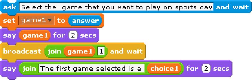 Referee - Cat Sprite block: Referee gives an instruction Enter the name of the game you want to play on sports day Player responds by entering the name of the game.