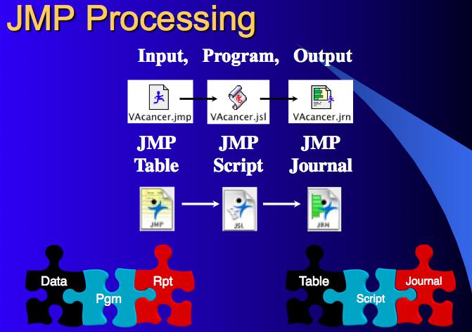 Figure 2. JMP input, program processing, and output Options in JMP Processing JMP processing uses three windows: Table window, Script window, and Result/Output window.