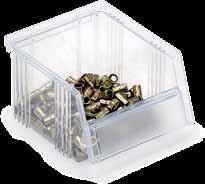 Transparent Stacking Bins Stacking bin The open fronted design allows for easy access. The crystal clear bin allows visual identification of the contents. Of crystal clear polystyrene (PS).
