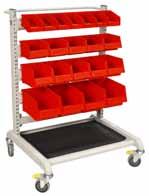 Bin Trolley 1 Free standing frame of epoxy powder coated steel in grey (RAL 7035). 4 adjustable bin rails are included, which may be tilted 15o for easy viewing and picking.