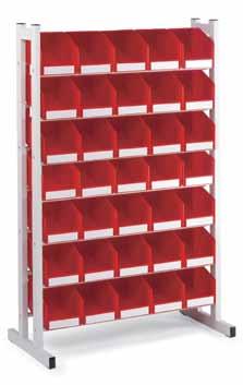 Stacking Bin Stands and Gravity Flow Rack Bin Stand BR-2530 7 fixed, inclined storage levels, length 36.61. Load capacities 110 lbs per level and 770 lbs per stand.