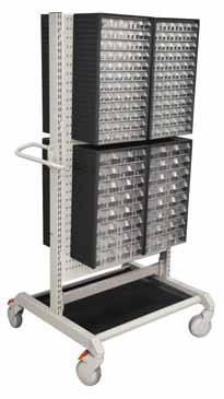 Free standing frame of epoxy powder coated in grey (RAL 7035). Includes panels, hooks, handle and four casters Ø 3.94, two with brakes. Load capacity 660 lbs. Available in ESD.