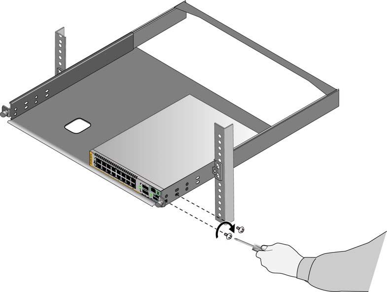 x550 Series Installation Guide for Virtual Chassis Stacking Figure 30. Placing a Switch in the AT-RKMT-J15 Bracket 8.
