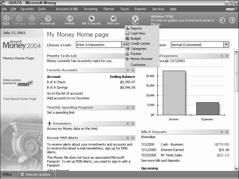 04 541951 Ch01.qxd 9/22/03 9:07 AM Page 10 10 Part I: Setting Up and Starting Out The Home page When you start Money, the first thing you see is the Home page, shown in Figure 1-2.