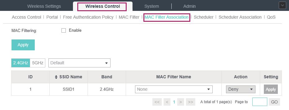 3. Go to Wireless Control > MAC Filter Association to associate the added MAC Filter group with SSID. 1 ) Check the box and click Apply to enable MAC Filtering function.