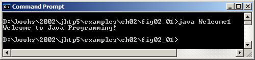 2.2 A Simple Program: Printing a Line of Text 14 Executing a program Type java Welcome1 Interpreter loads.class file for class Welcome1.