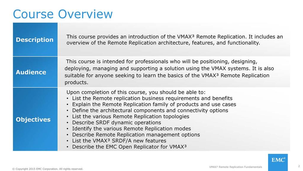 This course provides an introduction of the VMAX³ Remote Replication.