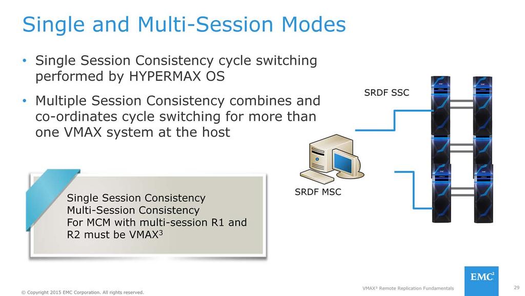 For single SRDF/A sessions (SSM), cycle switching is controlled by Enginuity. Each session is controlled independently, whether it is in the same or multiple arrays.