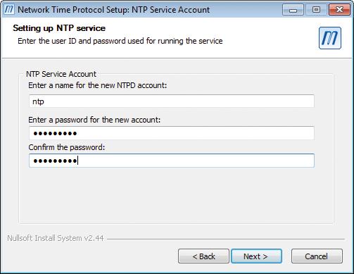 The dialog for configuring the NTP service account is displayed.