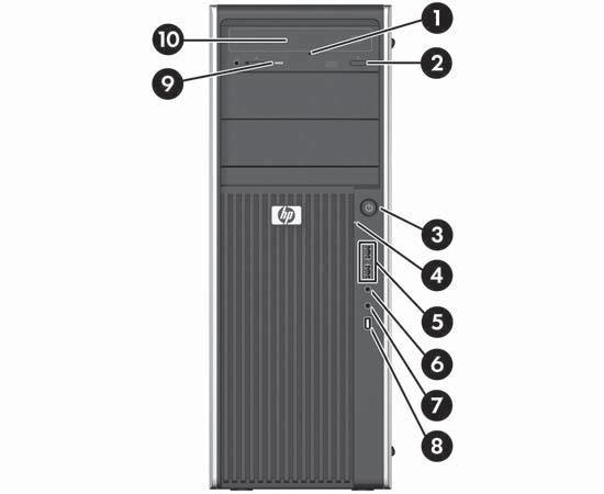 HP Z400 Workstation front panel components The following figure shows the front panel of a typical HP Z400 Workstation. Drive configurations can vary.