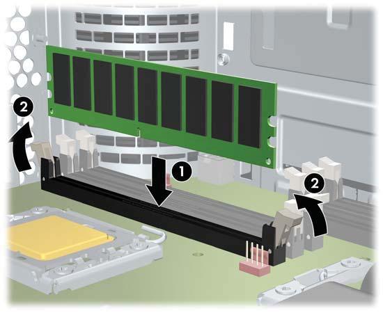 Align the DIMM connector key with the DIMM socket key, and then seat the DIMM firmly in the socket (1) as shown in the following illustration.