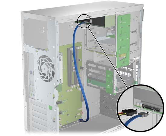 5. Connect the power and data cables to the optical disk drive and system board as shown in the following figure. Refer to the side access panel service label for the location of the SATA connectors.
