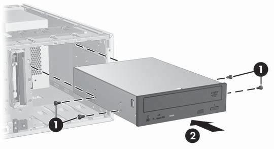 Installing an optical drive (desktop configuration) 1. Follow the procedures described in Preparing for component installation on page 43 to prepare the workstation for component installation. 2.