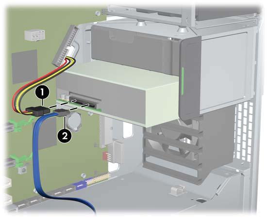 4. Connect the power and data cables to the optical disk drive as shown in the following figure. (An HP Z600 Workstation is shown for example.) Figure 10-5 Connecting ODD power and data cables 5.