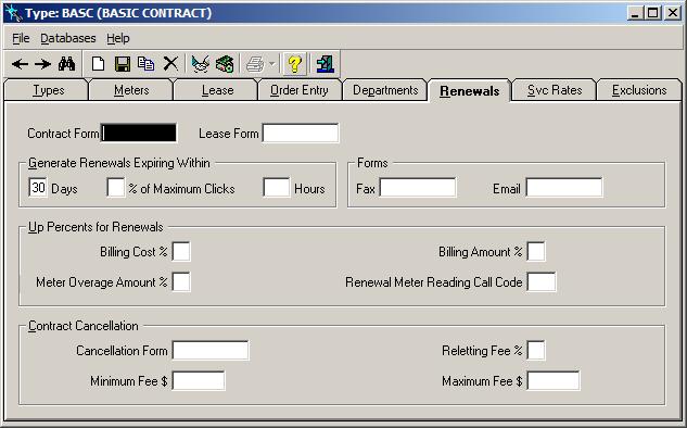 2. From the Machines Menu, double-click. 3. Retrieve the contract for which to set renewals, or click to add a new contract type. 4. Click the Renewals tab. See the figure on the following page. 5.