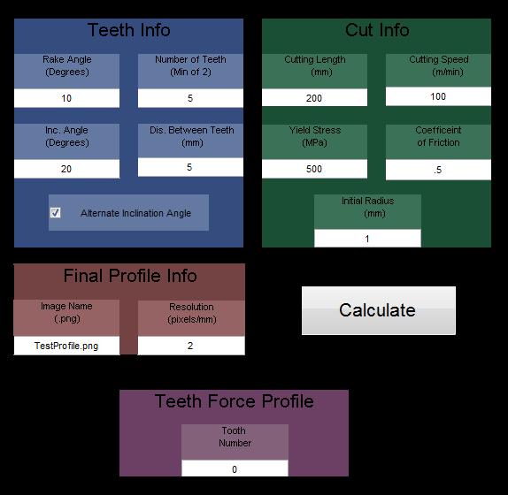 ; Figure C3: The GUI can control various parameters about the teeth (blue section) as well as parameters about the cut and workpiece (green).