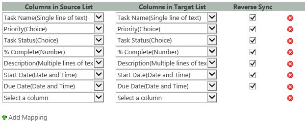 BoostSolutions List Sync 1.0 User Guide Page 15 Add Mapping a. In the Column Mapping section, click Add Mapping. b. Select a column in the source list. c. Select a column in the target list.
