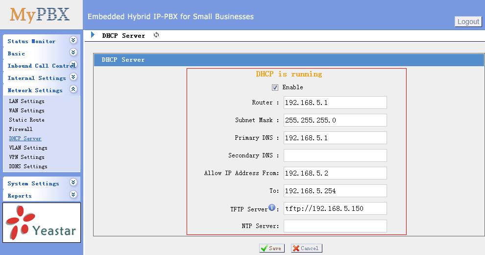 Step2. Enable DHCP Server on MyPBX.