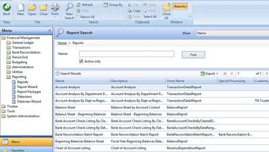 Financial Management Reports The Trustee GL reports are found under Financial Management Reporting Reports (with exception of the RDB report which is found under Trustee, Reporting, Reports).