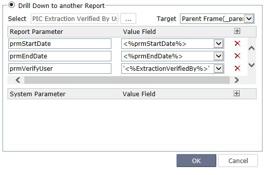 This is the way the report in the hyperlink will open. 4. Specify values for the Report Parameters if required. 5. Specify System Parameter if required. 6. Click OK.