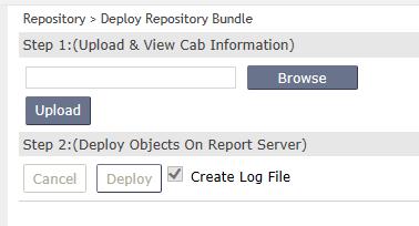 Deploy a Report Bundle Administrator users can deploy repository bundles (CAB/IRB file). To open the Deploy Repository Bundle page, complete the following steps. 1.
