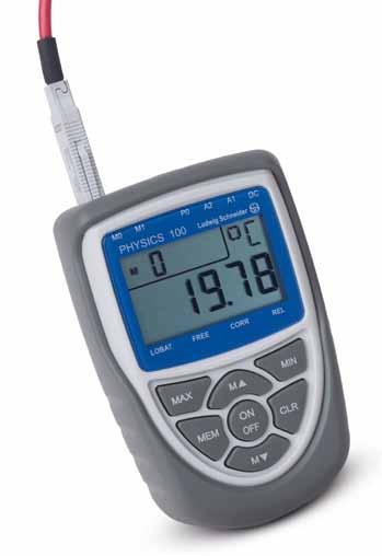 Variable precision digital measuring device PHYSICS 100 Digital measuring device for precise measurements with a wide range of measuring units and sensor technologies, e.g. temperature (Pt100, thermocouples, NTC, infrared), air humidity, air flow, pressure, flow rate, electrical values etc.