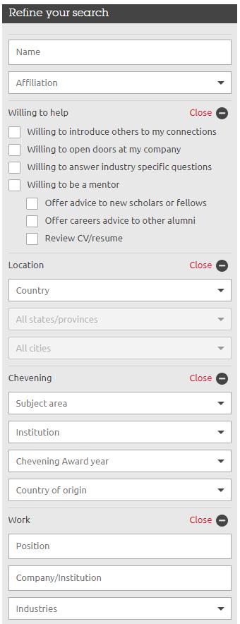 4. Directory - Search by name, or refine your search using Chevening details, location, or job sector. In the example below, a search for any user living in Botswana gave 6 results.