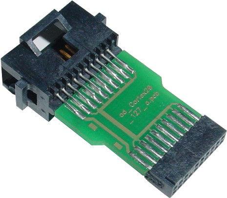 A one to one adapter from the 20-pin AMPMODU connector to the standard 20-pin Cortex connector (2.54mm pitch) is shipped with the icard and can be identified by the sticker labeled CORTEX 20 pin.