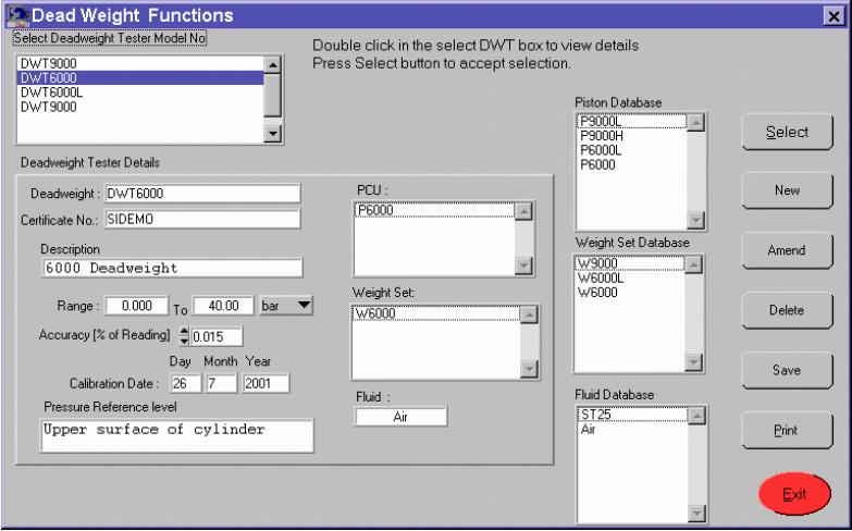 Pressurements PressCal Users Manual Managing Deadweight Tester Details Click on Setup > Deadweight Tester within the Menu Bar to open the Dead Weight Functions window as shown in Figure 2-1.