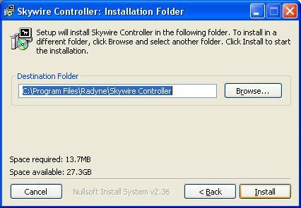 SkyWire Controller (GUI) Step 3: The default installation subdirectory window will