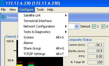 SkyWire Controller (GUI) Figure 7.4-1. Satellite Link Menu Selection The satellite link configuration window (Figure 7.4.1.1) provides access to all gateway satellite configuration parameters through the use of tabs.