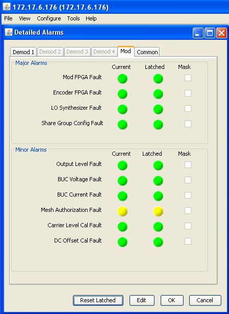 SkyWire Controller (GUI) Figure 7.4.6-2 Major Alarms: o Mod FPGA Indicates a transmit FPGA configuration failure. o Encoder FPGA Indicates a transmit encoder configuration failure.