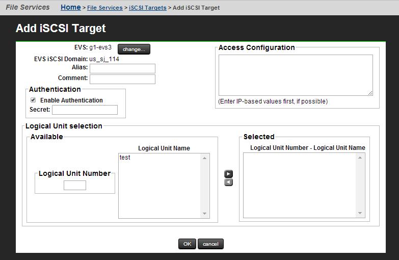 2. Click add to display the Add iscsi Target page.