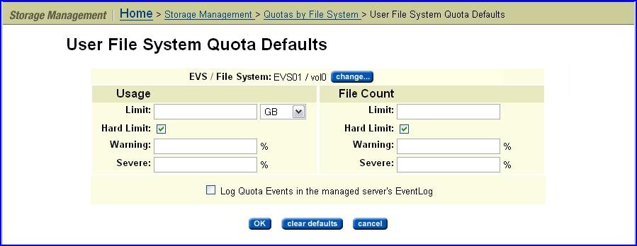 2. In the Quotas by File System page, click User Defaults or Group Defaults. User Defaults creates a user quota for the user; a Group quota creates a group quota for the user's domain.