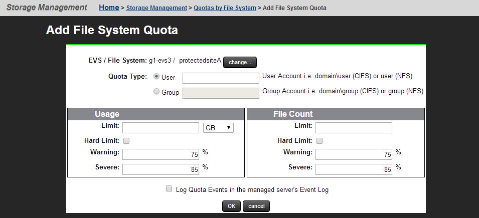 2. Click add in the Add File System Quota page.
