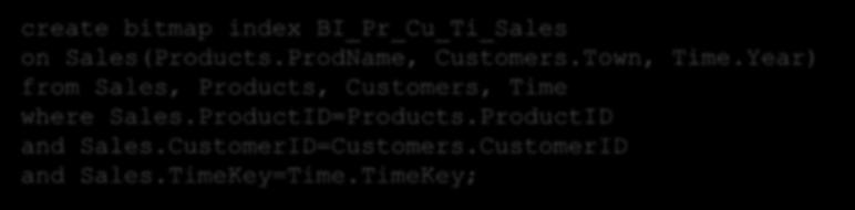 BJI (7) create bitmap index BI_Pr_Cu_Ti_Sales on Sales(Products.ProdName, Customers.Town, Time.Year) from Sales, Products, Customers, Time where Sales.ProductID=Products.ProductID and Sales.
