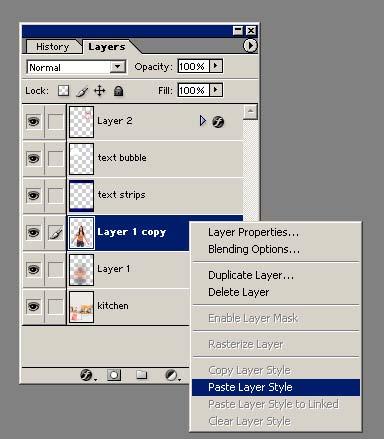 16) Now right click on the lady layer and press paste layer style. This will copy the shadow layer effect onto this layer.