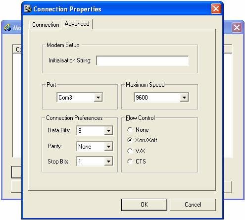 Set-up COM port: Note: The COM port has to be set-up in 2 locations within the PlusConfig software: in File / Connect / Modem.../ Properties / Advanced and in Tools / Options.