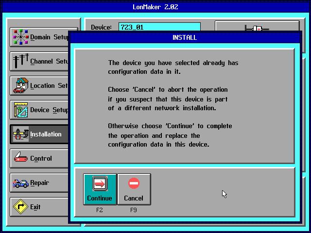 723PLUS/DSLC Network Binding/DOS Application Note 26031 If the device you selected has been used in a network before, LonMaker will give you a warning as shown in the picture below.
