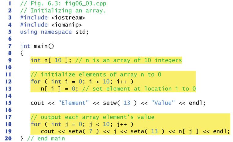 6.4 Examples Using Array 6.4.1 6.4.1 Declaring an Array and Using a Loop to Initialize the Array s Elements Initializing an array s elements to zeros and printing the array 7 6.