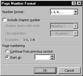 7.3 Book type page numbering (i-xxii, 1-90) 119 Figure 7.2: The Page Number Format dialog box. Figure 7.3: The Header and Footer floating toolbar. 8.