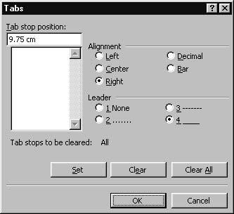 124 7 Page Numbering Figure 7.5: The Tabs dialog box: settings for a header. in which all formatting is shown as it would be printed.