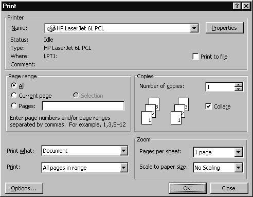 144 10 Printing Figure 10.1: The Print dialog box. 5. In the Zoom group, which did not appear in previous versions of Microsoft Word, select 1pageper sheet. 6. Click the OK button to start printing.