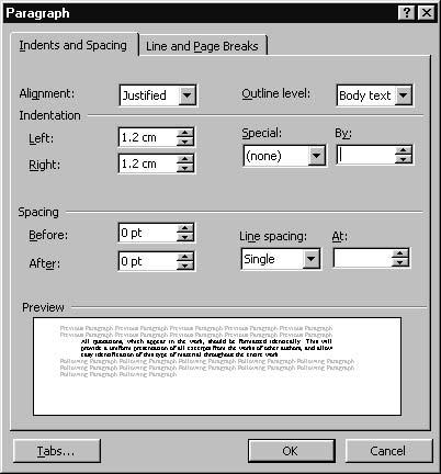 2.7 Text quotations 15 Figure 2.5: The Paragraph dialog box, Indents and Spacing tab.