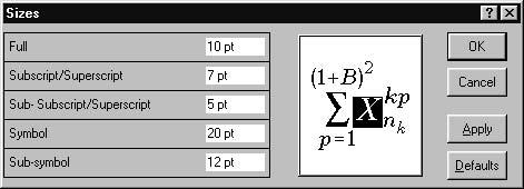 42 3 Mathematical Formulas Figure 3.3: The Sizes dialog box (Equation Editor). Figure 3.4: The Spacing dialog box (Equation Editor). and vertical spacing in formulas.