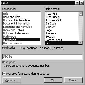 3.6 Typesetting numbered equations 47 Figure 3.5: Defining the equation counter in the Field dialog box. 7. Click on the inserted equation.