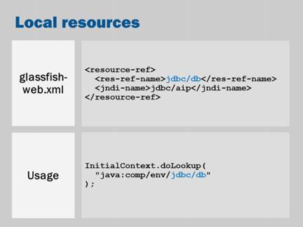 You can create local resources by adding a sun-web.xml or glassfish-web.