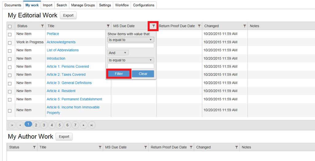 2.2 FILTERING AND SORTING DOCUMENTS To sort all the visible documents under the tab My work, click on the filter icon next to the features of the document.