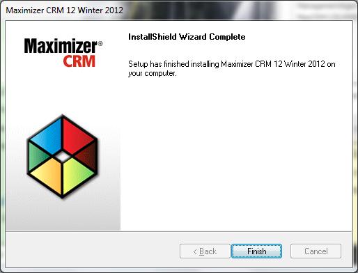 Click Finish. You can expect this process to take less than 5 minutes on most PCs of less than 2 years old. After this process completes you must apply the service pack update MaxCRM12SUMMER2013SP1.